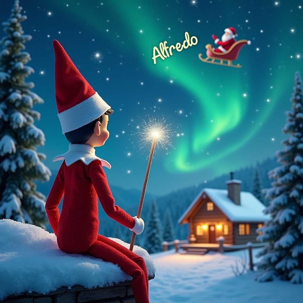 This enchanting scene features an elf on the shelf sitting on a snowy ledge, facing away from the viewer. The elf gazes up into a beautiful night sky filled with twinkling stars and vibrant northern lights. He holds a sparkling wand, writing names in the air, creating a magical effect. In the background, a cozy cabin glows warmly, evoking a sense of holiday comfort. Santa and his sleigh can be seen flying across the sky, adding to the festive atmosphere. The whole image radiates the joy and wonder of the Christmas season.