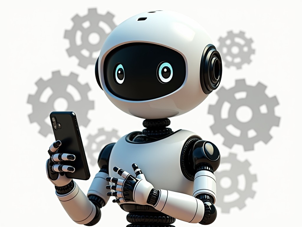 This image depicts a friendly-looking robot holding a smartphone in its sleek, robotic hand. The robot has a rounded, futuristic design with expressive eyes, giving it a welcoming appearance. Behind the robot is a subtle backdrop of gray gears, symbolizing technology and mechanics.