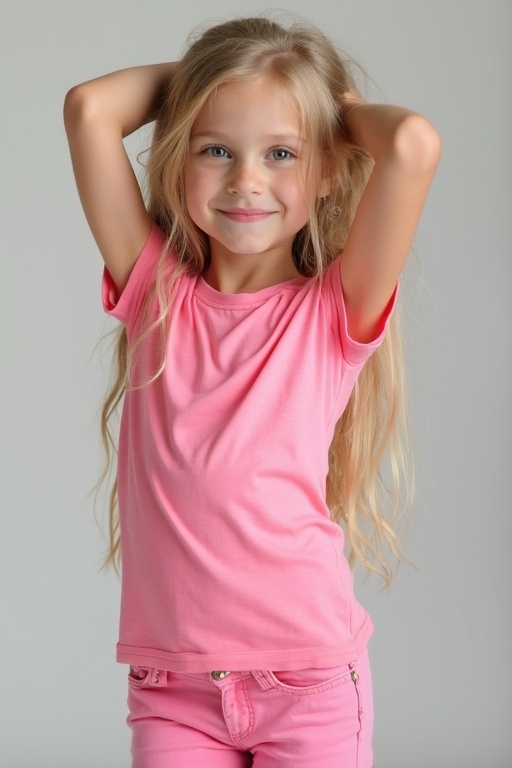 A young girl with long blonde hair shows a playful pose wearing a fitted pink t-shirt and jeans. The background is a soft neutral color. Her hair falls around her shoulders while her arms are lifted behind her head in a fun gesture.