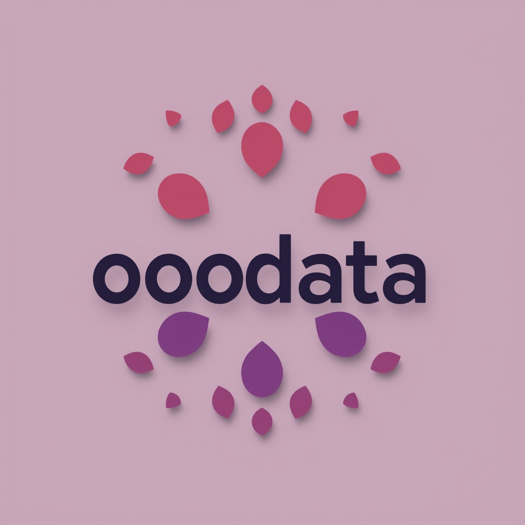 A logo with the word 'ooodata' surrounded by symmetrical red and purple petal shapes on a light pink background.