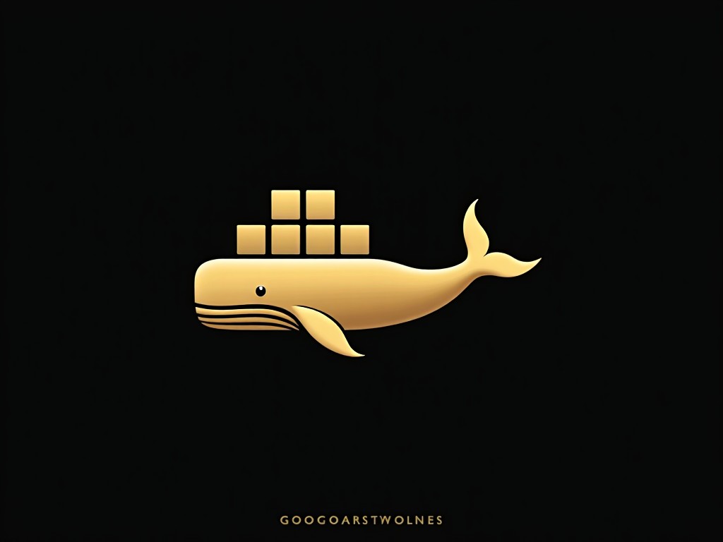 a minimalist golden whale with stacks of cubes on its back against a black background