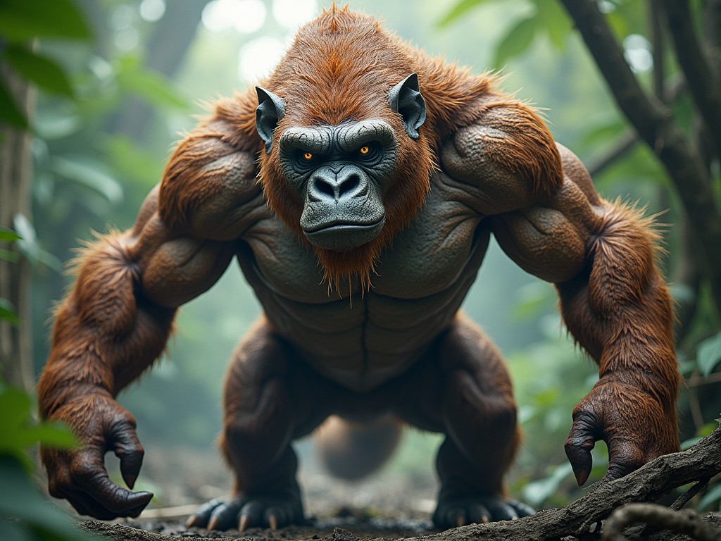 This image features a powerful, muscular gorilla depicted in a jungle setting. The gorilla has a strong physique with noticeable muscle definition and a fierce expression. Its fur is fluffy and rich in orange and brown tones, contrasting with the green foliage of the jungle. The background is filled with lush greenery, enhancing the wild atmosphere. The lighting is soft, casting a dramatic effect on the gorilla, making it appear formidable and larger than life.