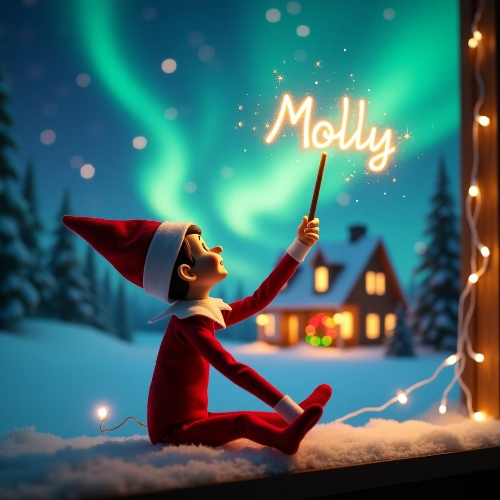 An elf on the shelf gazes skyward while holding a glowing wand that emits sparkling light. The scene includes colorful northern lights above and a cozy decorated house in the distance. The ground is covered in snow. The elf embodies holiday magic.