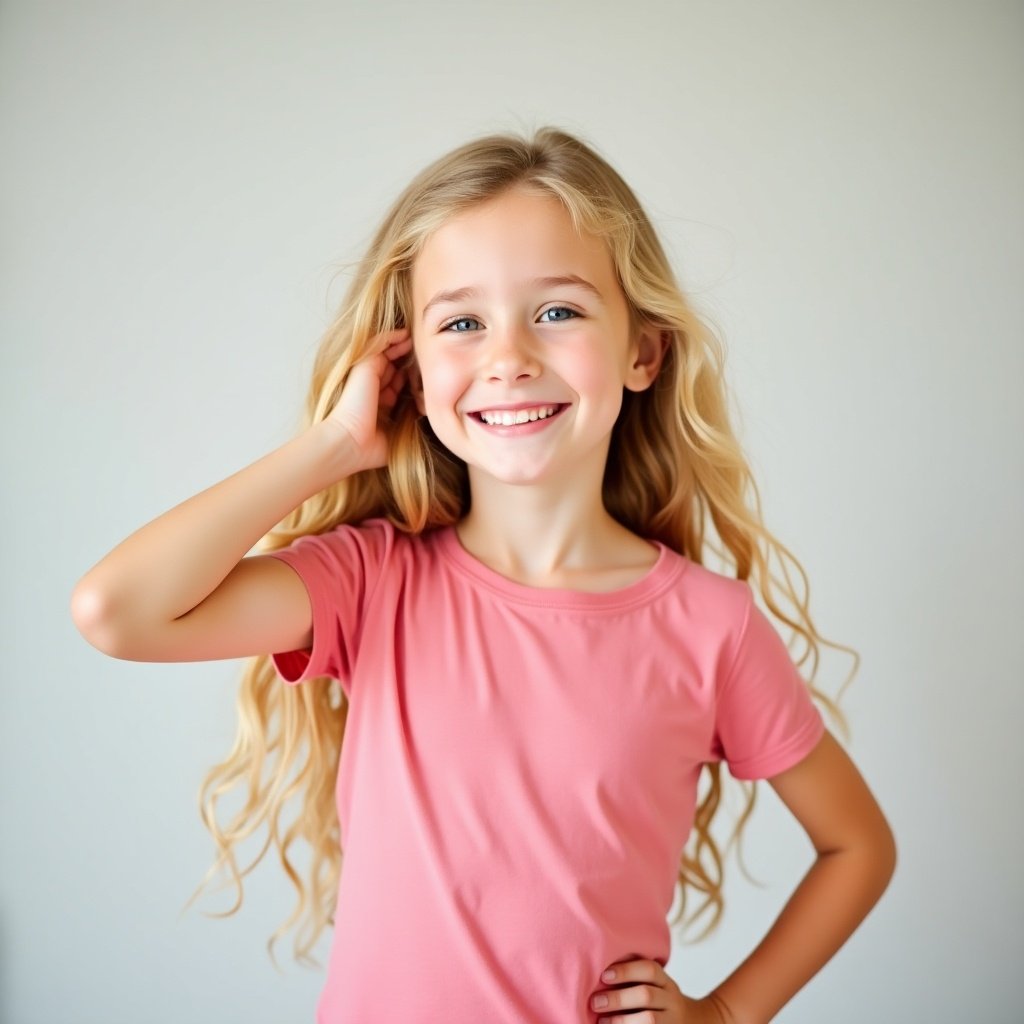 Image of a girl with long blonde hair wearing a pink t-shirt and white diaper against a gray background. She poses relaxed with one hand on her hip. Soft lighting enhances the inviting atmosphere, showcasing toddler fashion in a casual setting.