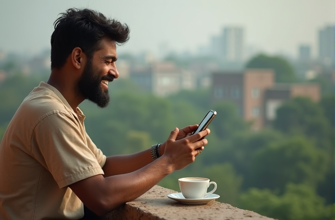 A man enjoys a peaceful morning on a balcony, smiling at his phone with a cup of coffee nearby, against a backdrop of city buildings and lush greenery.