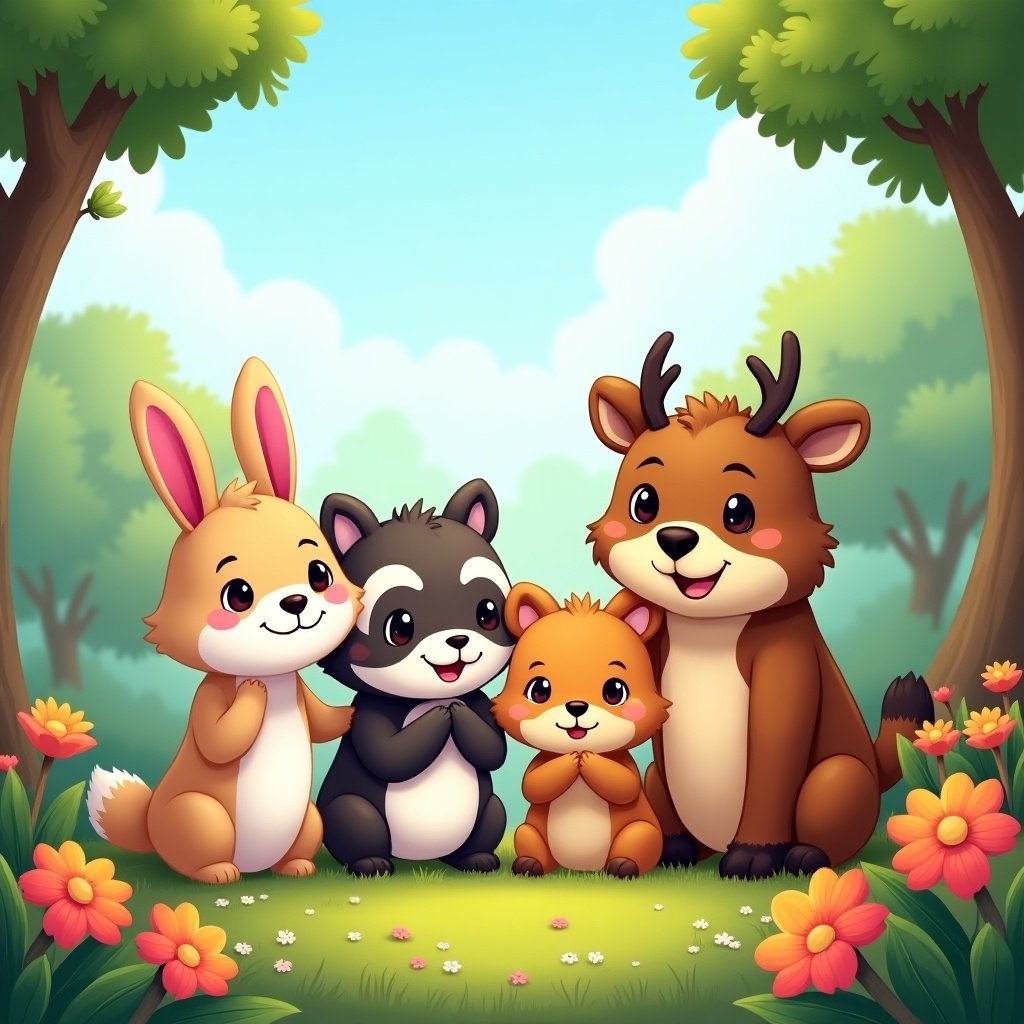 This image features four adorable cartoon-style animals gathered in a forest setting. The characters include a bunny named Lenny, a raccoon called Ronnie, a teddy bear named Teddy, and a deer named Olive. They are depicted with cheerful expressions, standing together in front of a lush green backdrop filled with flowers. The scene conveys a sense of warmth and friendship, ideal for capturing children's attention. Each animal character's unique features and playful poses contribute to an overall charming vibe, making it perfect for kids' content.