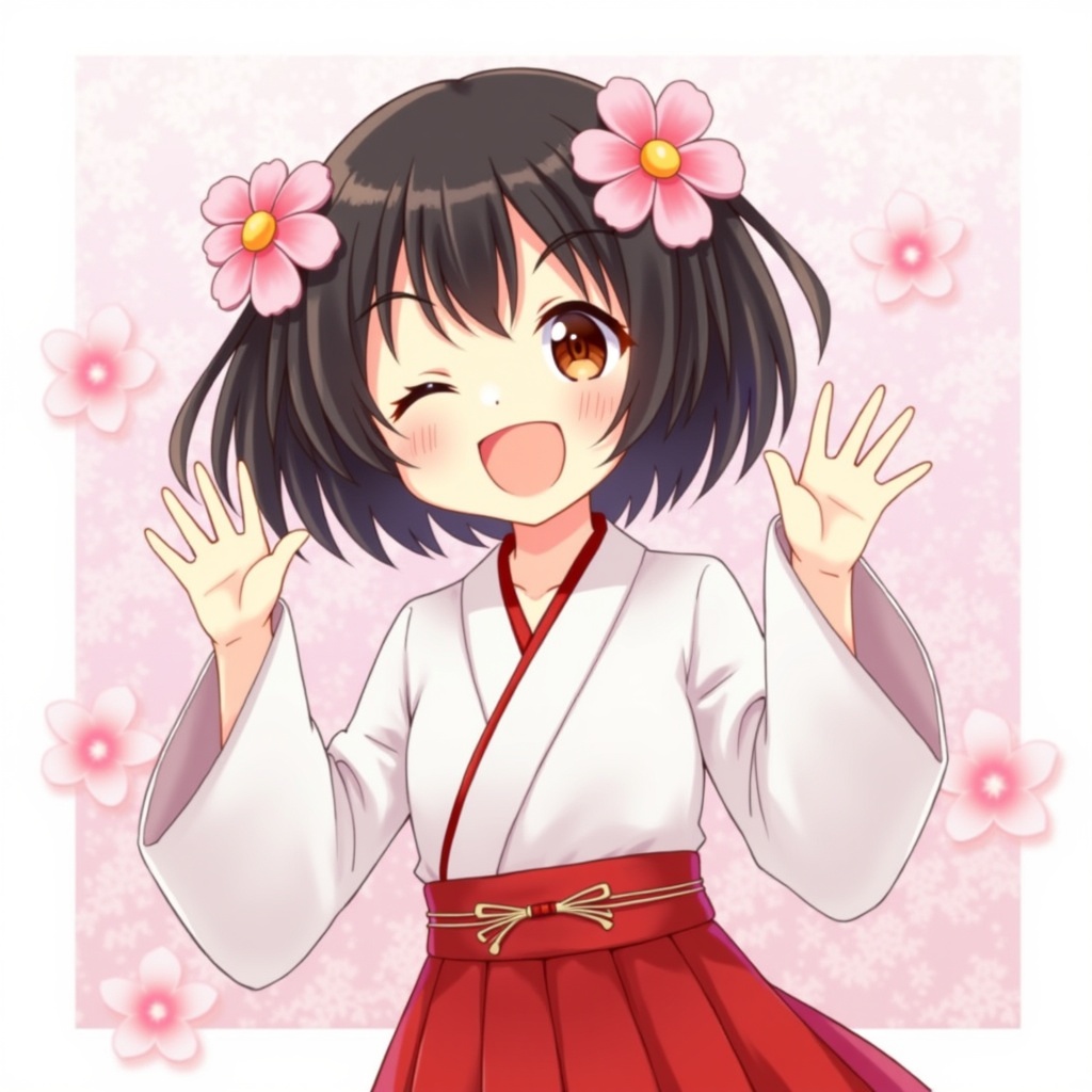 Anime illustration of a cheerful girl with dark hair and cherry blossom accessories. She wears a red and white traditional outfit and waves energetically. Soft pastel background with pink and white colors represents cherry blossoms.