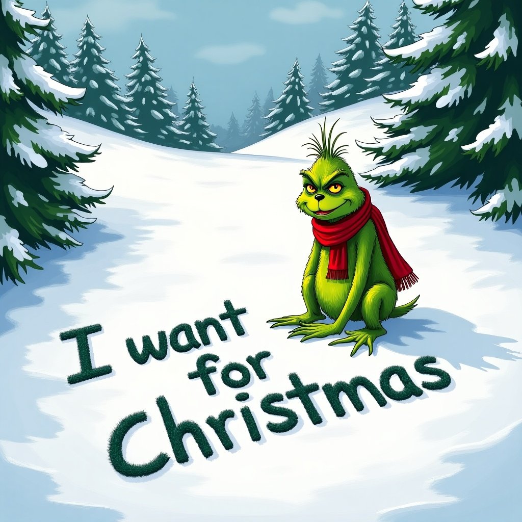 Grinch is sitting in the snow. Scene has snow-covered hills and evergreen trees. Grinch is green with a red scarf. Text in the snow says, I want for Christmas.