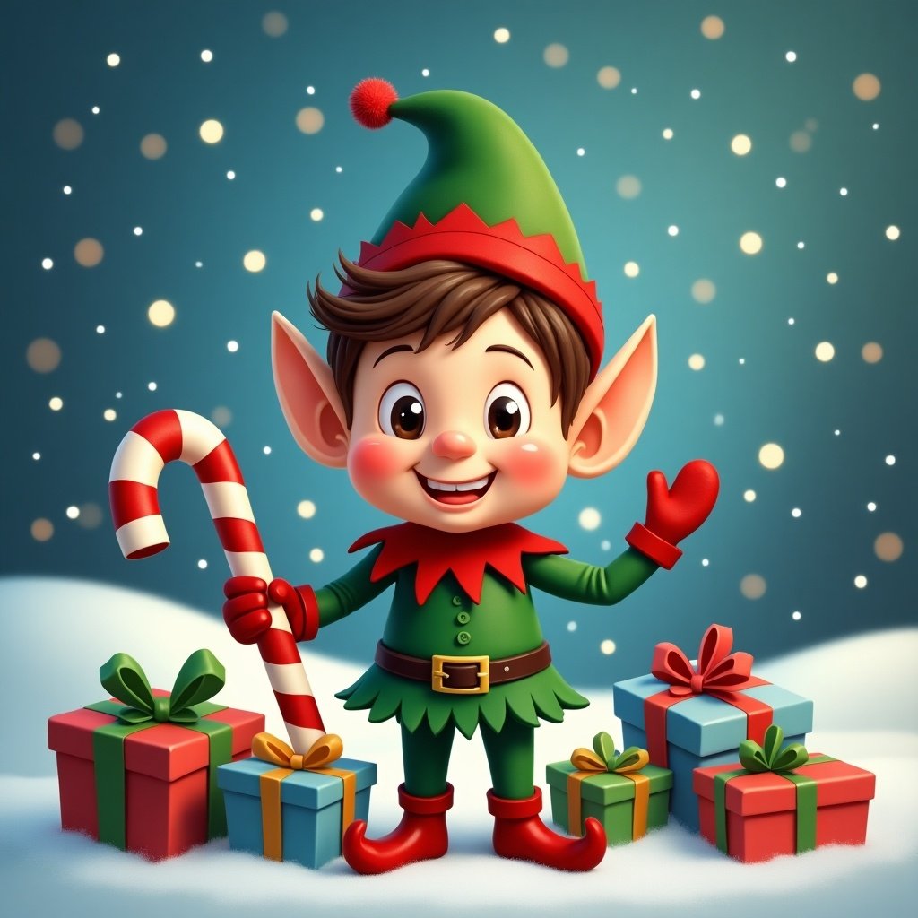 A cheerful Christmas elf named Elfie standing in a winter scene with presents and a candy cane. Elf wears a green and red outfit. Background has snowflakes and a soft glow.