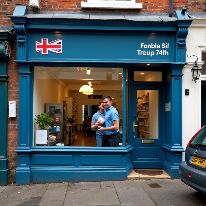 A blue storefront with a Union flag and two people standing inside, under the shop name Fonble Sil Treup.