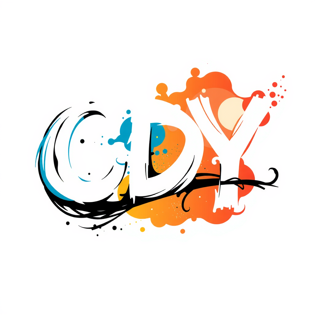 The image features the letters 'CDY' in a dynamic and artistic style. Each letter is portrayed in a bold, black font. The background is composed of colorful splashes in orange, blue, and red hues, creating a lively and vibrant effect. The strokes are fluid and energetic, giving the letters a sense of movement and creativity. The design uses a modern graffiti-inspired style, which adds an urban and artistic flair to the overall image.