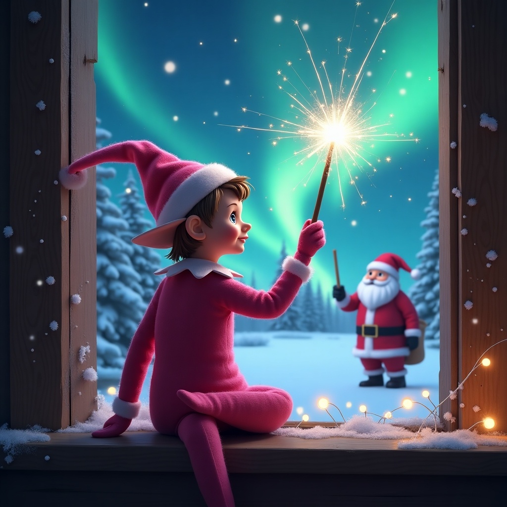 The image features a charming scene of a pink elf on the shelf, sitting with their back to the viewer and looking up towards the sky. The elf is using a wand to write 'Anakin' in a sparkling manner against the night sky. In the background, the magical northern lights illuminate a snowy landscape. Santa Claus stands nearby, creating a festive atmosphere. Twinkling lights and snowflakes enhance the holiday feel of the scene.