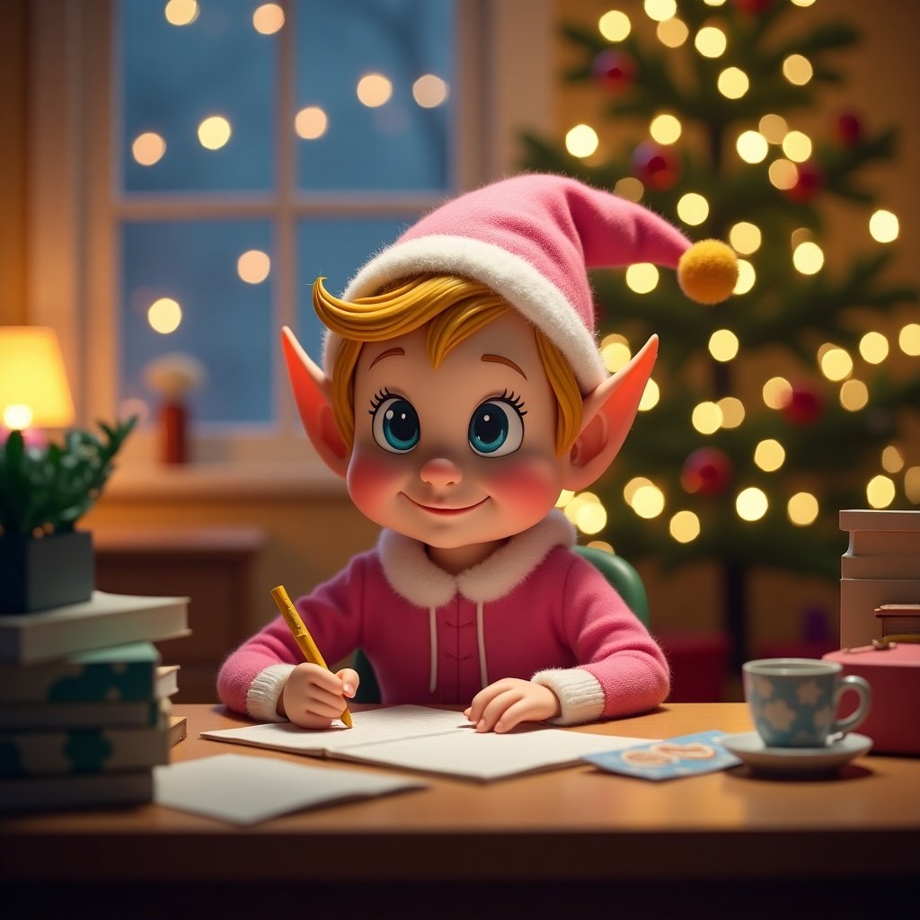 Elf character writing at a desk. Background features Christmas lights creating a warm ambiance. The elf has blond hair and wears a pink outfit. Evokes feelings of joy and personalization during the holidays.