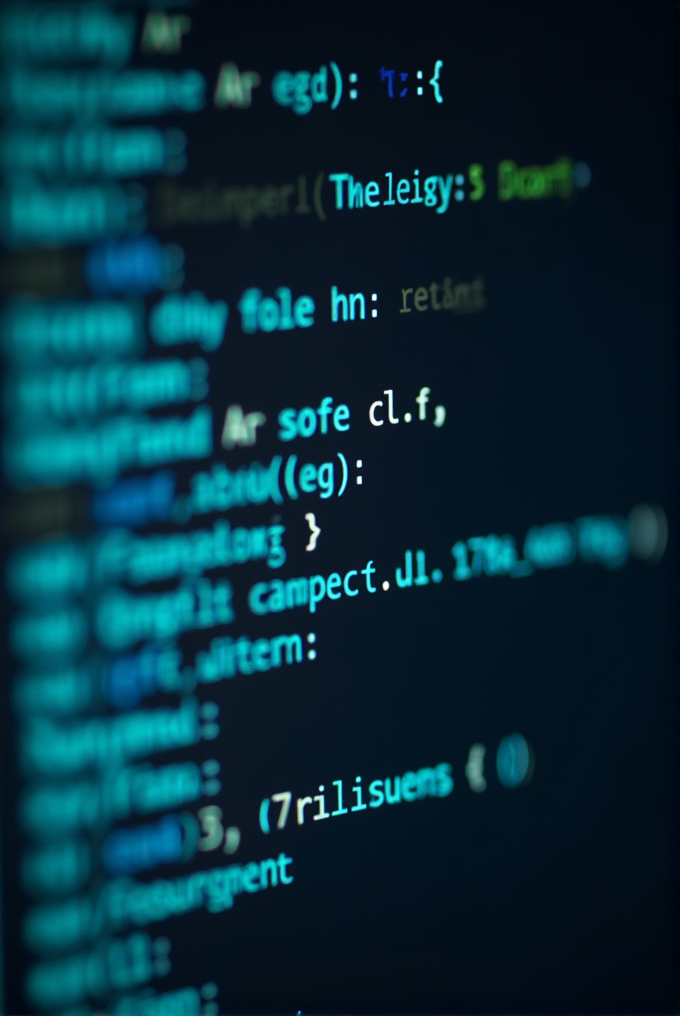 The image shows a close-up of colorful lines of code on a dark background.