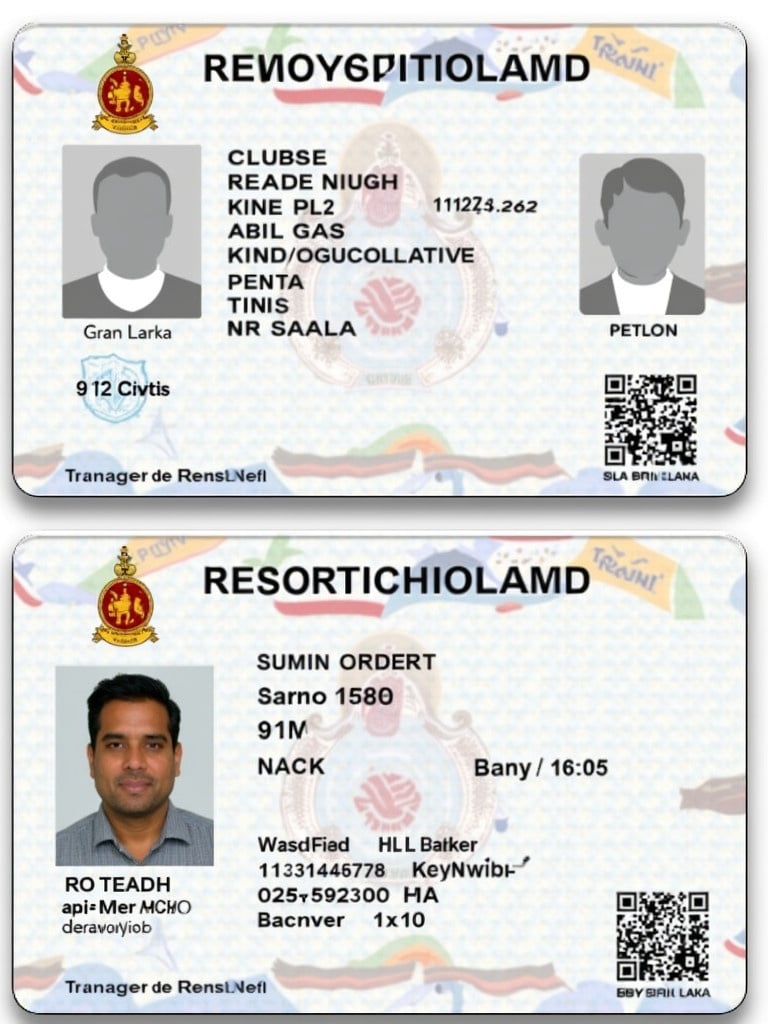 Design for an ID card specific to Sri Lanka. ID card features personal identification elements security features. Layout includes name, ID number, address.