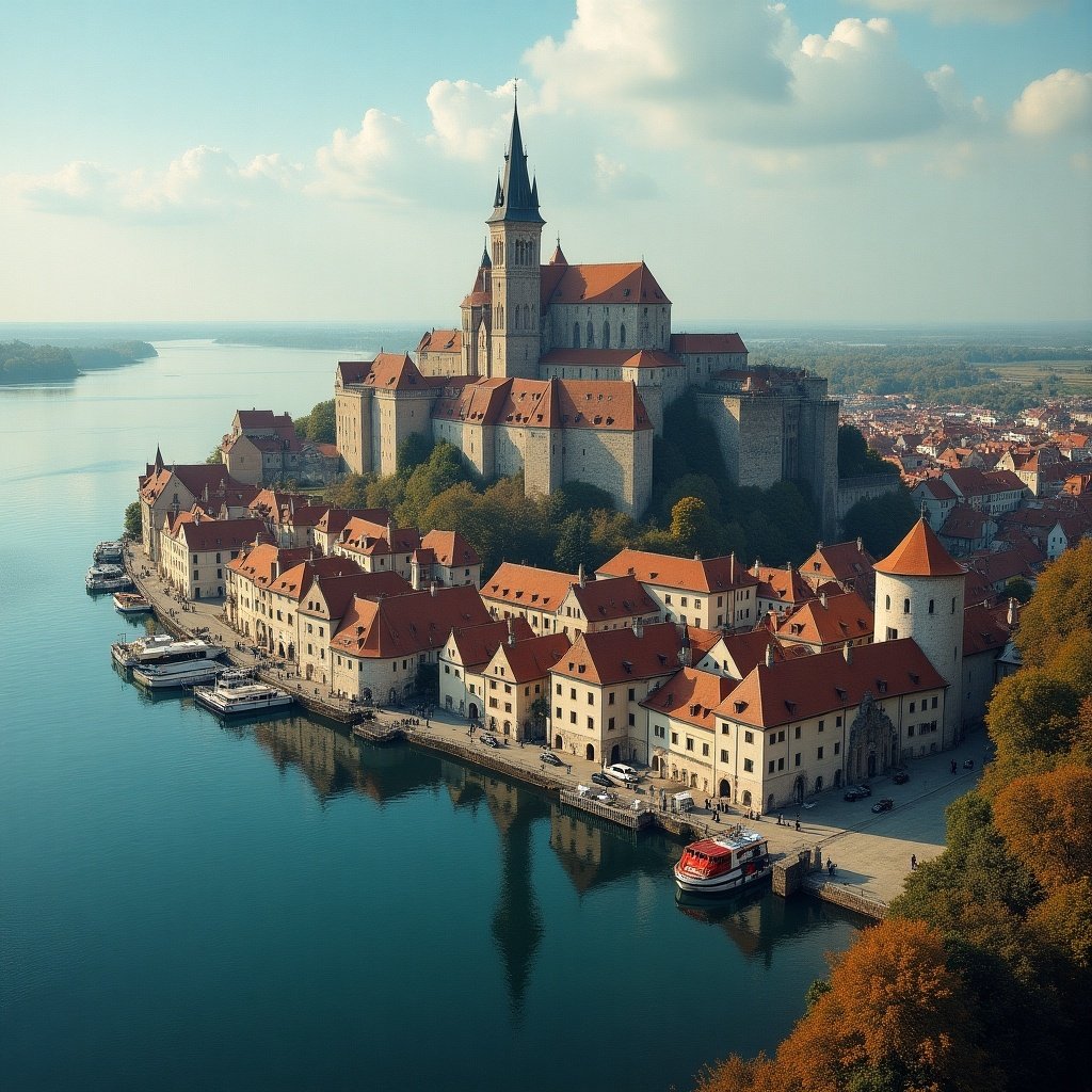 A medieval city with gothic style featuring a port and a nearby river.