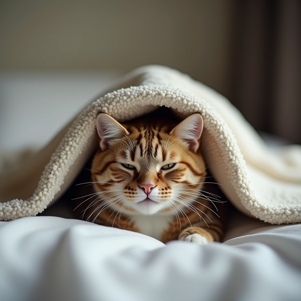 A content cat lounges under a warm, fluffy blanket.