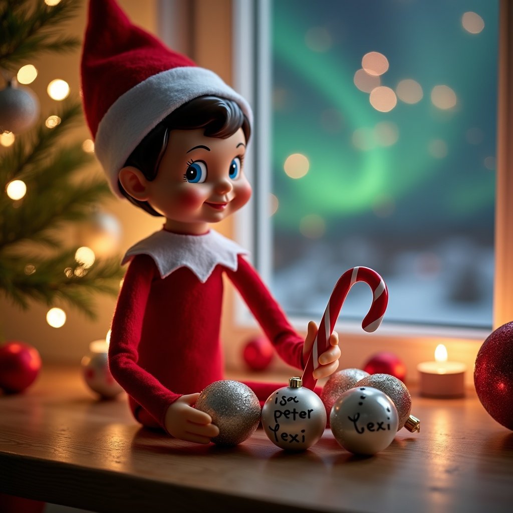 A charming Christmas elf on the shelf dressed in cheerful red attire, complete with a hat, is focused on writing names on decorative baubles. The elf has a playful expression and is sitting at a wooden table surrounded by holiday decorations. The background features a softly lit Christmas tree adorned with twinkling lights. Northern lights are glowing in the sky. The elf holds a red and white candy cane, adding to the festive atmosphere. This scene evokes a sense of holiday cheer and delightful anticipation. The names being written include 'Isa, Peter, & Lexi', emphasizing a personal touch for the festive season.