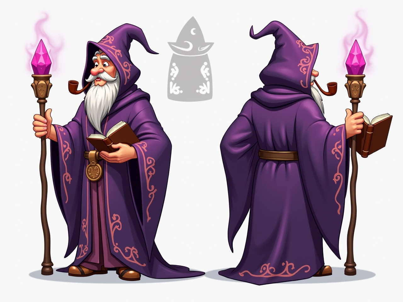 The image features a turnaround view of a wizard character, showcasing his intricate purple cloak adorned with unique designs. In one hand, he holds a staff with a glowing pink crystal, while the other grips an open book. With a charming mustache and a pipe in his mouth, the wizard exudes a whimsical aura. The composition includes a front and back view to highlight his attire and accessories. This design emphasizes fantasy elements, ideal for games or animations.