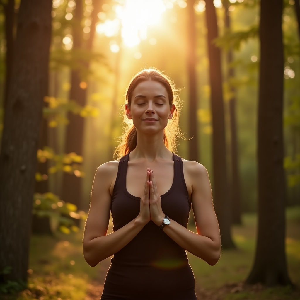 A woman stands peacefully in a forest, practicing mindfulness. She has her hands in a prayer position, embodying tranquility. The soft, golden light of sunset filters through the trees, creating a serene atmosphere. Her expression shows calm and contentment, highlighting her connection with nature. This scene captures the essence of inner peace and wellness through yoga and meditation.