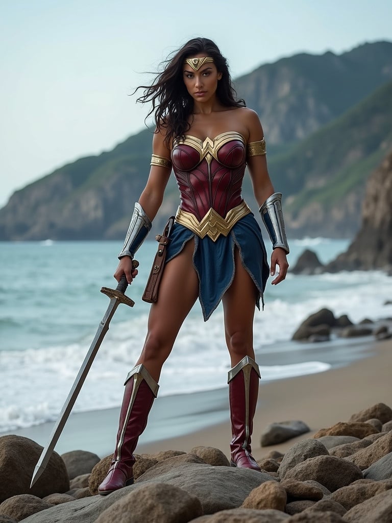 Woman in a fighting stance on a rocky beach. She holds a sword. The mountainous coastline serves as the background. Costumed like Wonder Woman.