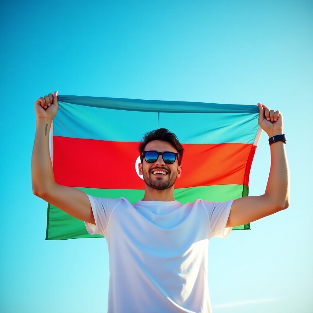 A young man holding an Azerbaijan flag against a blue sky. He wears a white t-shirt and sunglasses. Flag colors are red, green, and white. The scene conveys patriotism. Sunlight brightens the colors. Joyful and celebratory atmosphere.