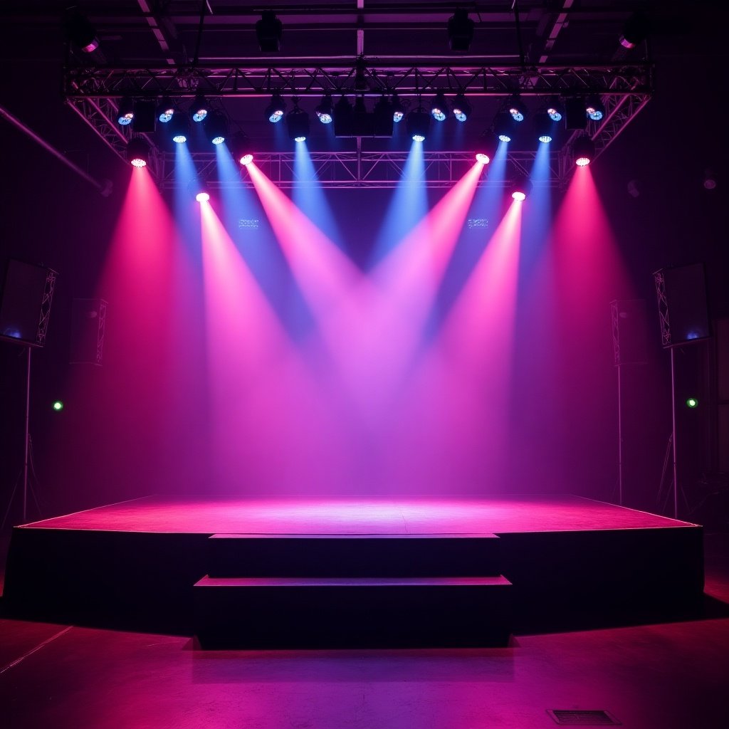 Dancing stage setup with colored lights. Dimensions 40 sqft by 28 sqft. Features multiple LED lights and atmosphere machines.