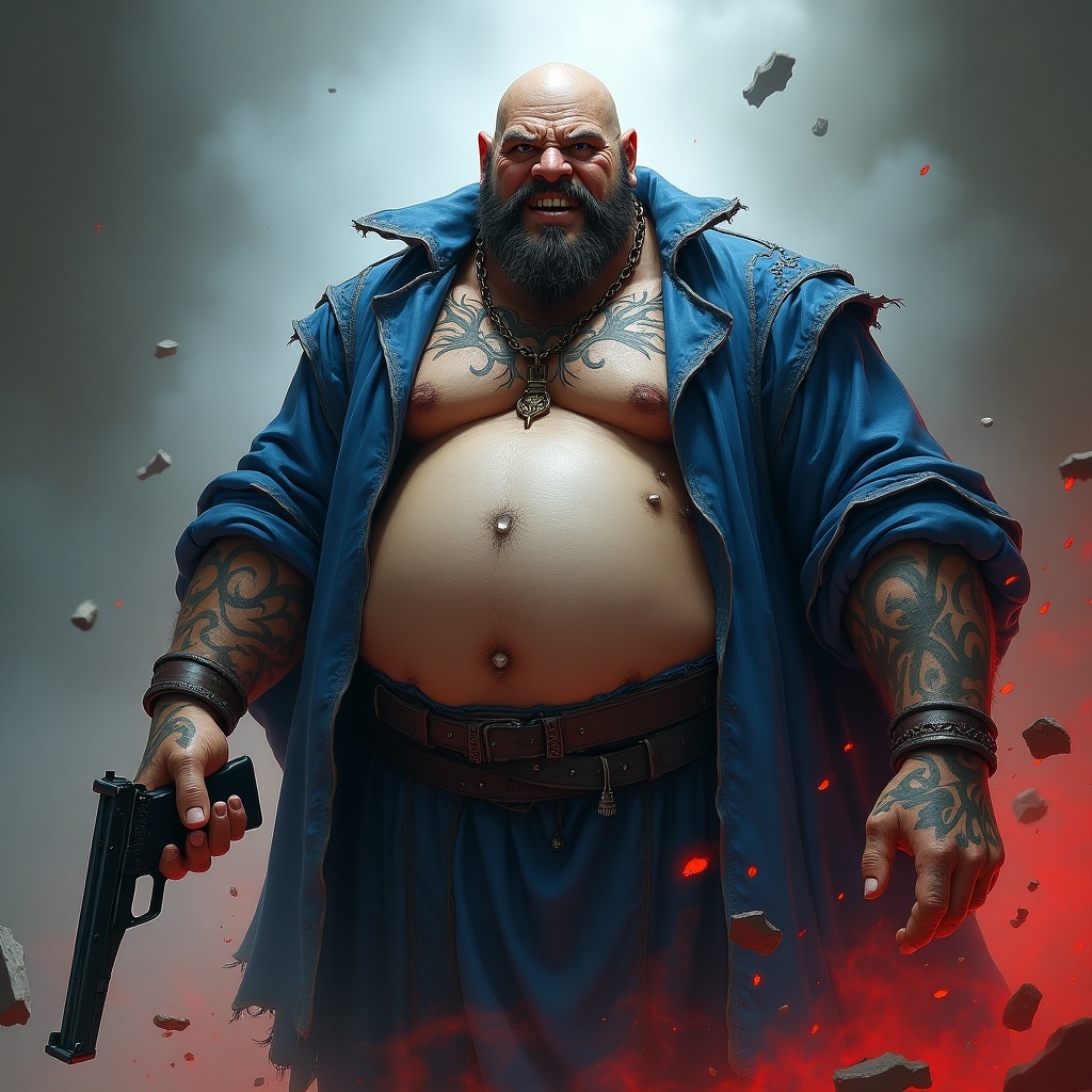 Detailed image of a fierce, fat fighter in a ragged blue robe holding a gun. Strong, ferocious eyes. Battle scars and tattoos on a muscular body. Surrounded by red smoke and gray elements.