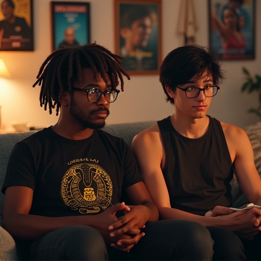 Two young men sitting on a couch in their living room. The room has several movie posters on the walls. One man is wearing a Cobra Kai T-shirt. The other man is wearing a black tank top. The atmosphere is cozy and relaxed while they stare at something off-screen.