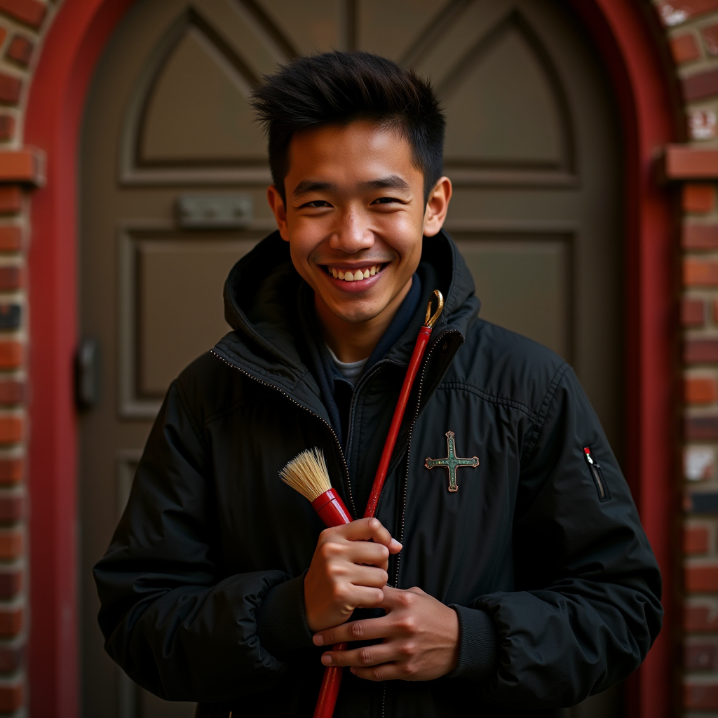 A happy person stands outside a brick building, holding a red brush and stick, wearing a black jacket with a cross patch.