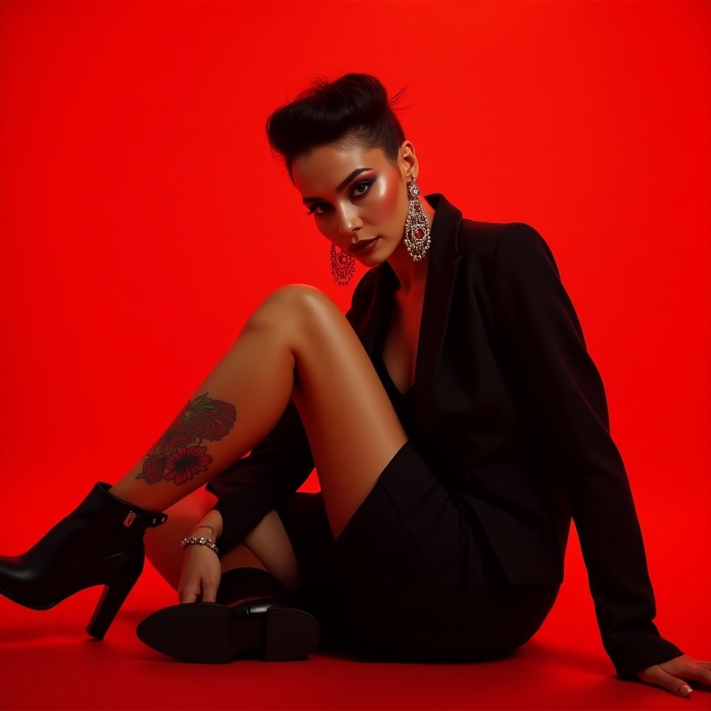 Image captures a seated person against a vibrant red background. Individual wears a sleek black outfit and displays a colorful tattoo on the leg. Dramatic makeup and oversized earrings enhance the edgy look. Confidence and style are evident.