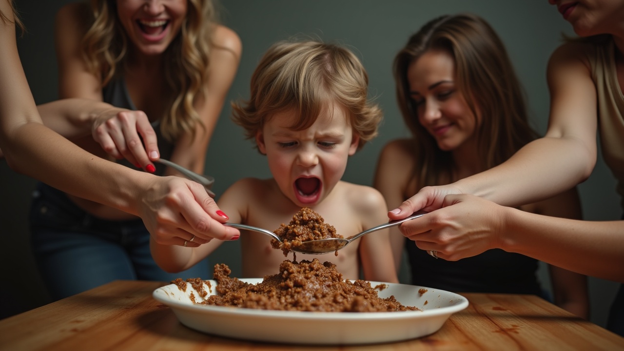 A young child eagerly surrounded by women trying to feed them with spoons, depicting a joyful and lively mealtime setting.