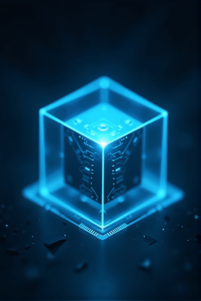 A blue glowing cube with circuit patterns inside another transparent cube.