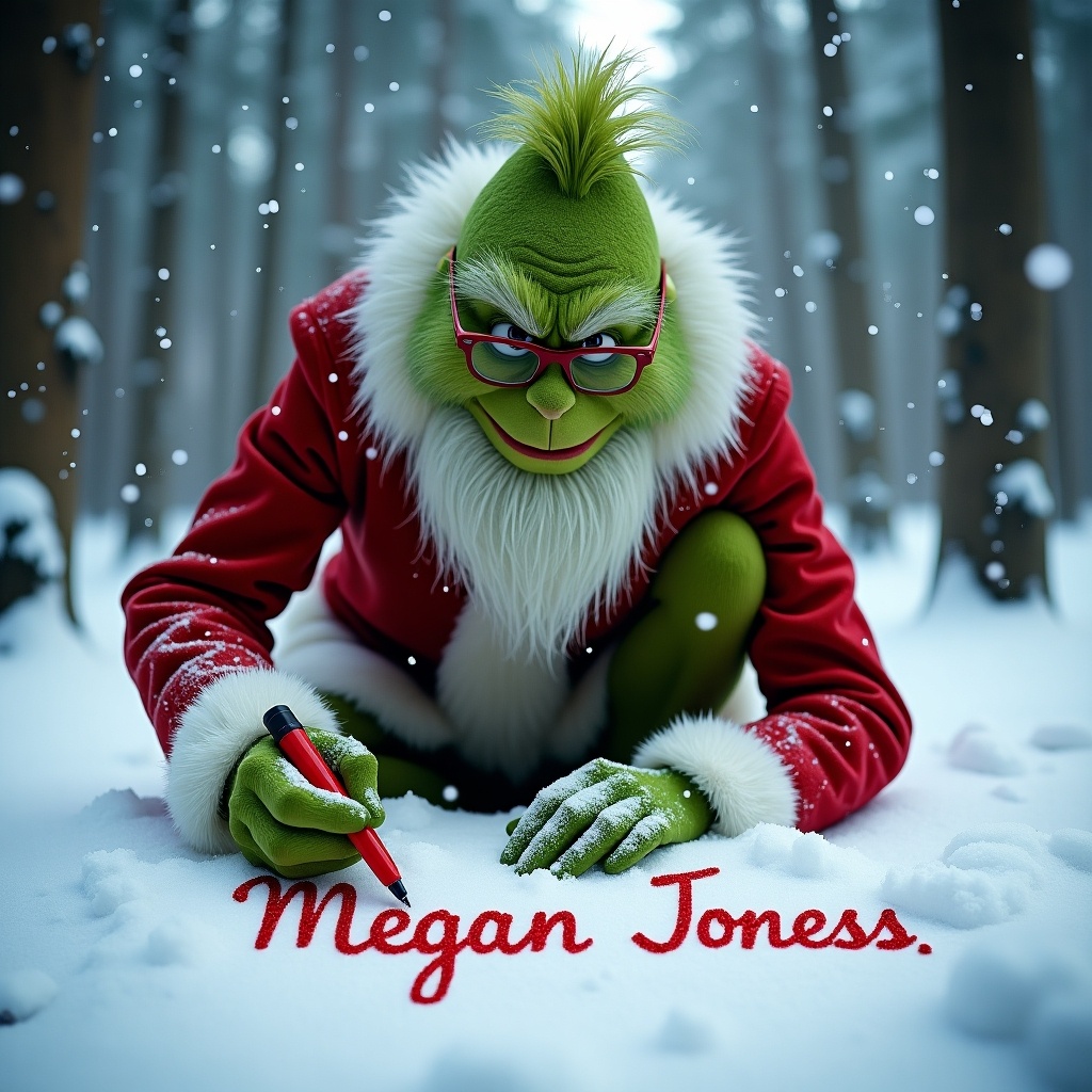 The Grinch kneels in a snowy forest writing the name 'Megan' in the snow with a red marker. Snowflakes fall gently around him creating a magical atmosphere. The scene embodies the essence of Christmas with a personalized touch. His long white beard and glasses add a classic look.