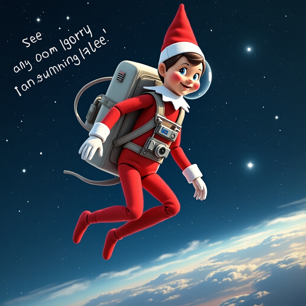 Elf on the shelf character in an astronaut suit floating in space. Space background features stars and clouds. Text says 'see you soon sorry I am running late.'