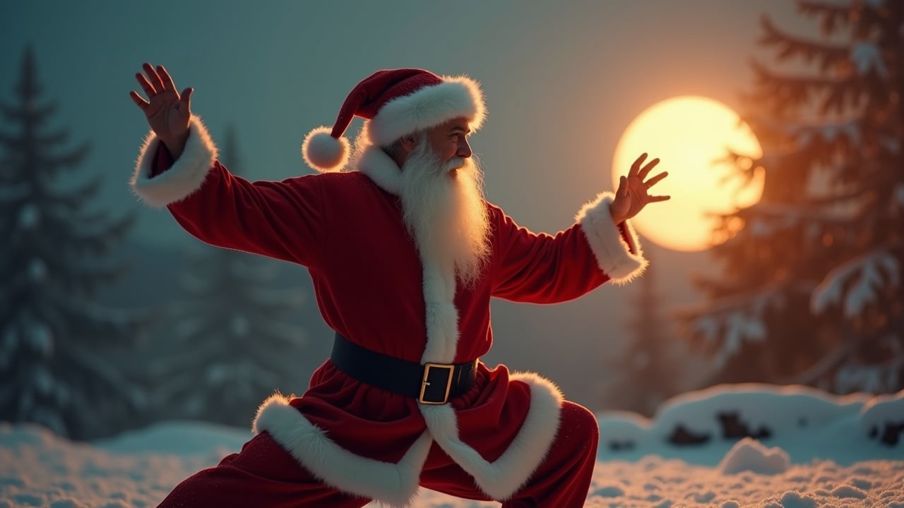 Cinematic image of Santa Claus dancing Tai Chi under a bright moon during magic hour. Santa dressed in traditional red and white suit. A serene winter landscape with trees and snow. Hyperealiic style, shot on Arriflex.