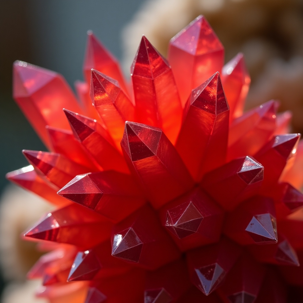 Image features a cluster of vibrant red crystals with pointed ends. Crystals are translucent and glossy, allowing light to create a luminescent effect. Background is softly focused to highlight the detail and vivid color.