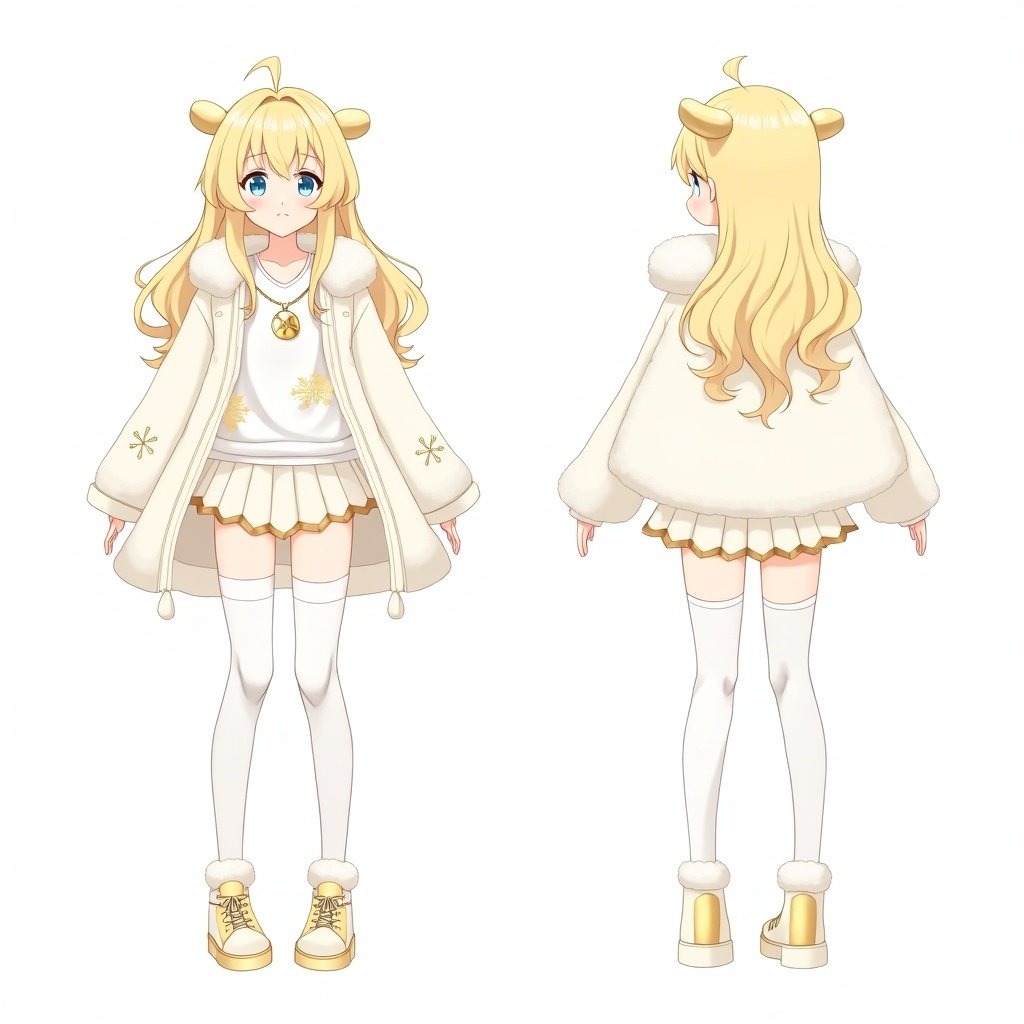 Character sheet in anime style shows friendly young female character. She has long blonde hair and gold bows in her hair. Her outfit consists of white and gold. She wears a fluffy winter coat and a short white skirt with a gold snowflake pattern. She has on white leggings and gold sneakers. Character is themed off a bell and holding a gold and silver bell. Character displayed in front and back views.