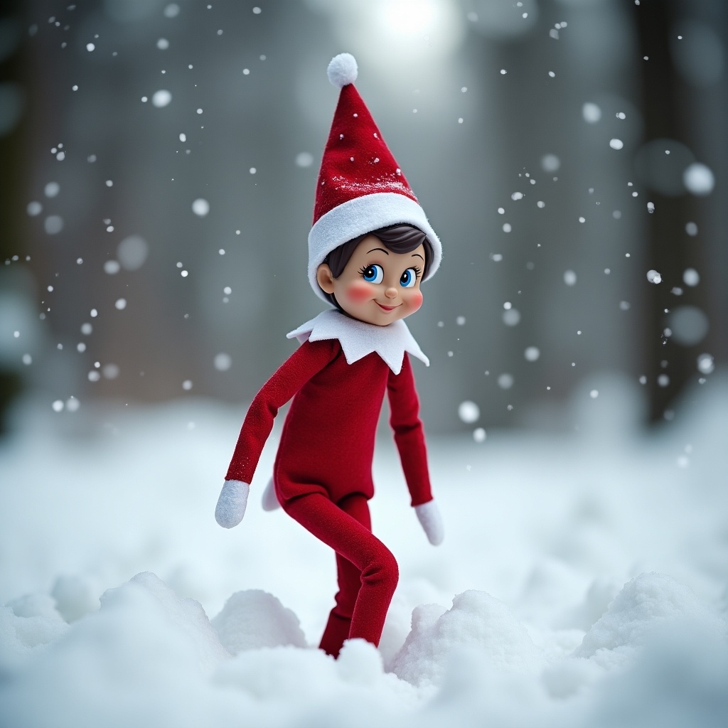 An elf dressed in red struggles to walk through deep snow. The setting is wintery with gentle snowfall all around. The elf has a cheerful expression and is wearing a traditional elf hat.