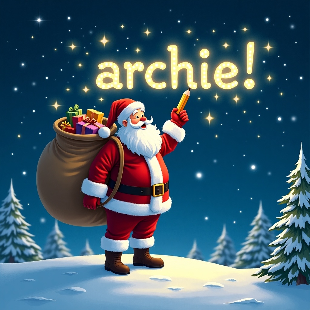 Magical winter scene with Santa Claus on snowy hill under starry sky. Santa holds a pencil, writing Archie in the sky. He wears traditional red and white suit with a sack of gifts. Bright night with twinkling stars. Whimsical font for the name Archie.