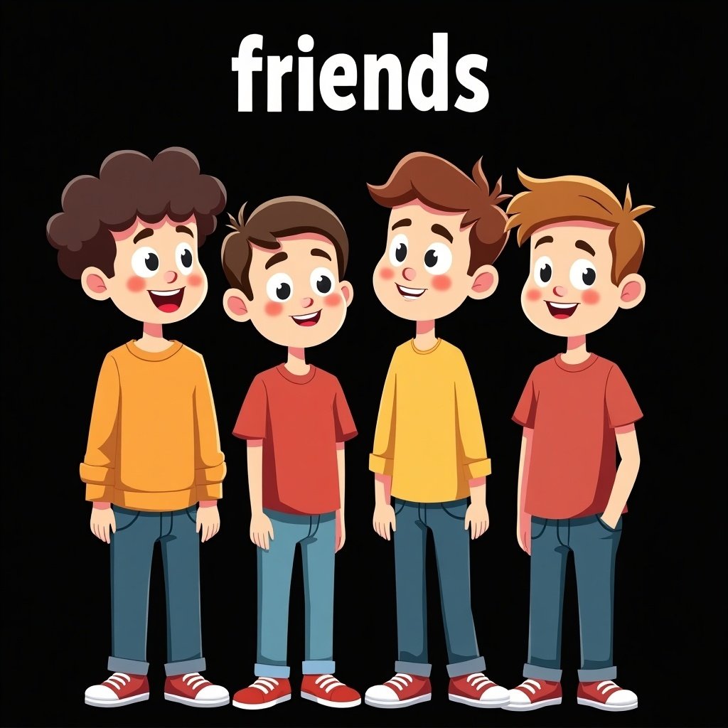 Cheerful group of four animated teenage boys in colorful cartoon style. One boy has curly hair. One boy is normal built. One boy is slim. One boy is average built. Black background with the word 'friends' above them.