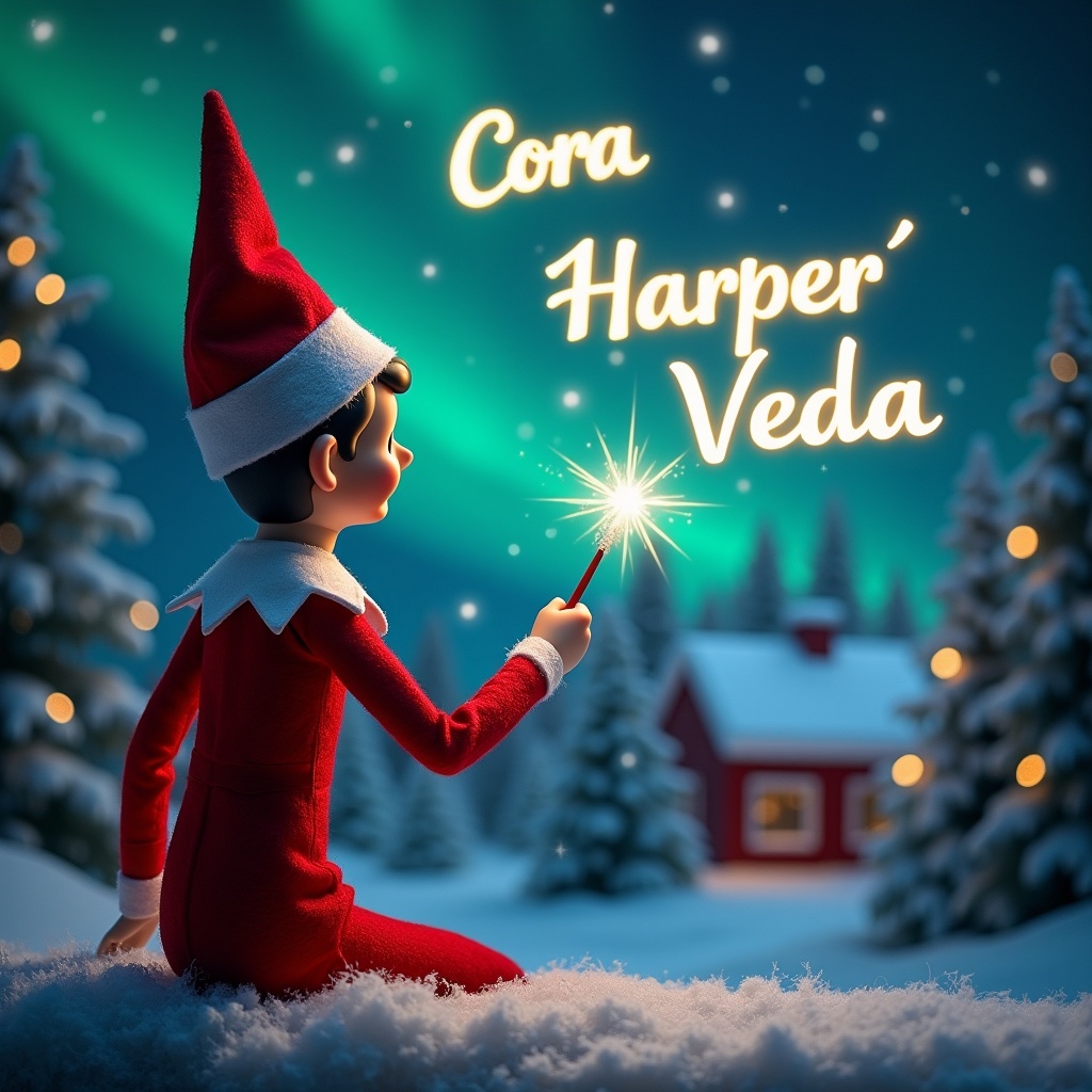 An enchanting Christmas scene featuring an elf on the shelf, who is facing the sky with his back to the viewer. The elf, dressed in red and white, wields a magic wand, writing 'Cora', 'Harper', and 'Veda' in a glowing script above him. The backdrop is adorned with vibrant northern lights, adding a magical ambiance. The scene is festive, portraying the spirit of Christmas with a whimsical twist. The elf's position and action create a sense of wonder and excitement that captures the joy of the holiday season.