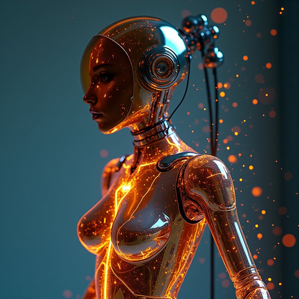 Cyborg body figure constructed from amber with influences of cream mercury and designed as a supermodel. Glittering high-tech materials like Nickel-chromium-titanium alloy used in construction. Transparent elements and glamorous punk fashion featured. Full body shot with sharp focus and vibrant visual effects. Masterpiece quality with professional lighting and dynamic pose.