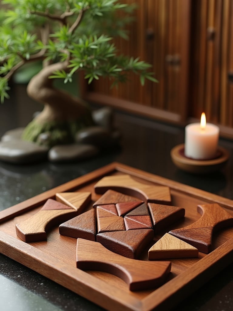 Scene features hyper-realistic tangram puzzles crafted from exotic wood. Arrangement showcases geometric shapes elegantly. Background includes a small bonsai tree and softly glowing candle. Environment feels serene and inspired by Asian aesthetics.