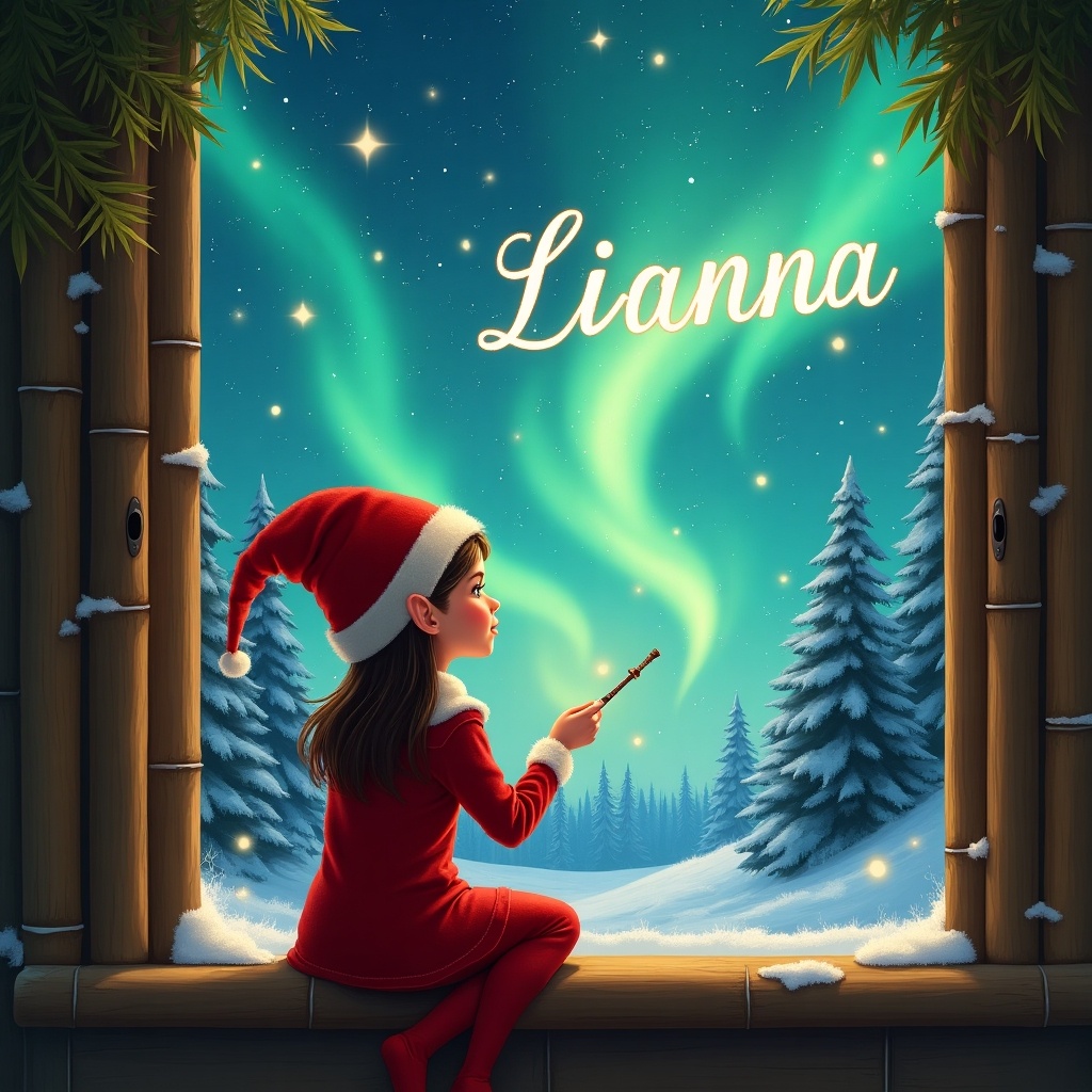 Depiction of a girl elf sitting on a windowsill gazes at a magical Christmas sky. She wears a red outfit and hat. In her hand, she holds a magic wand and writes 'Lianna' in the sky. Bamboo background features shimmering northern lights and evergreen trees. Captures holiday magic and wonder.