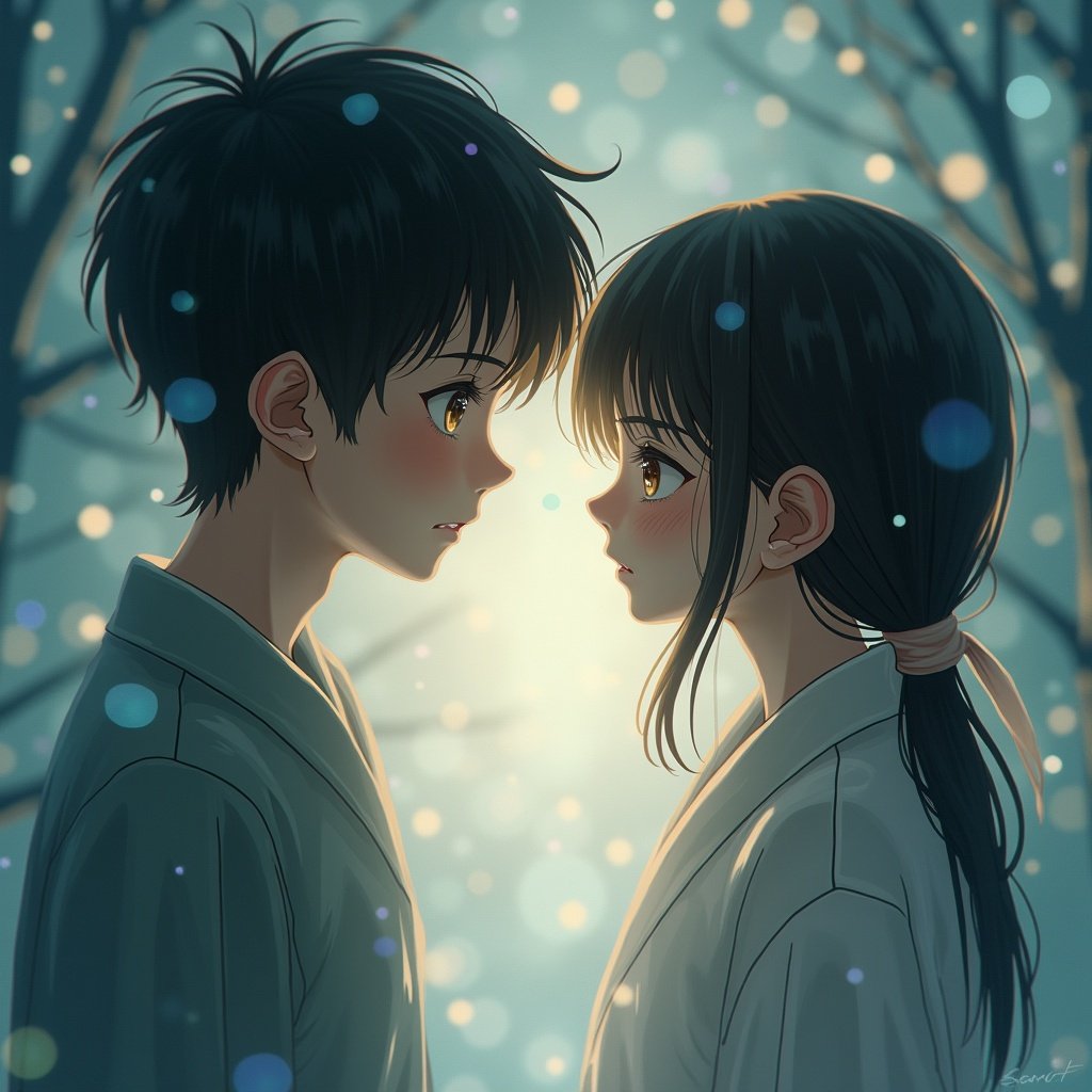 The image portrays a poignant scene where a sad, ghost-like girl gazes into the eyes of a handsome Japanese boy. Her expression is warm yet melancholic, suggesting a deep emotional bond. The boy's face reflects sadness and an unwillingness to let go, tears welling in his eyes. He appears to be helpless as the girl seems to be fading away, her form becoming more transparent. The background is filled with soft, glowing lights and blurred outlines of trees, enhancing the ethereal and romantic feel of the scene.