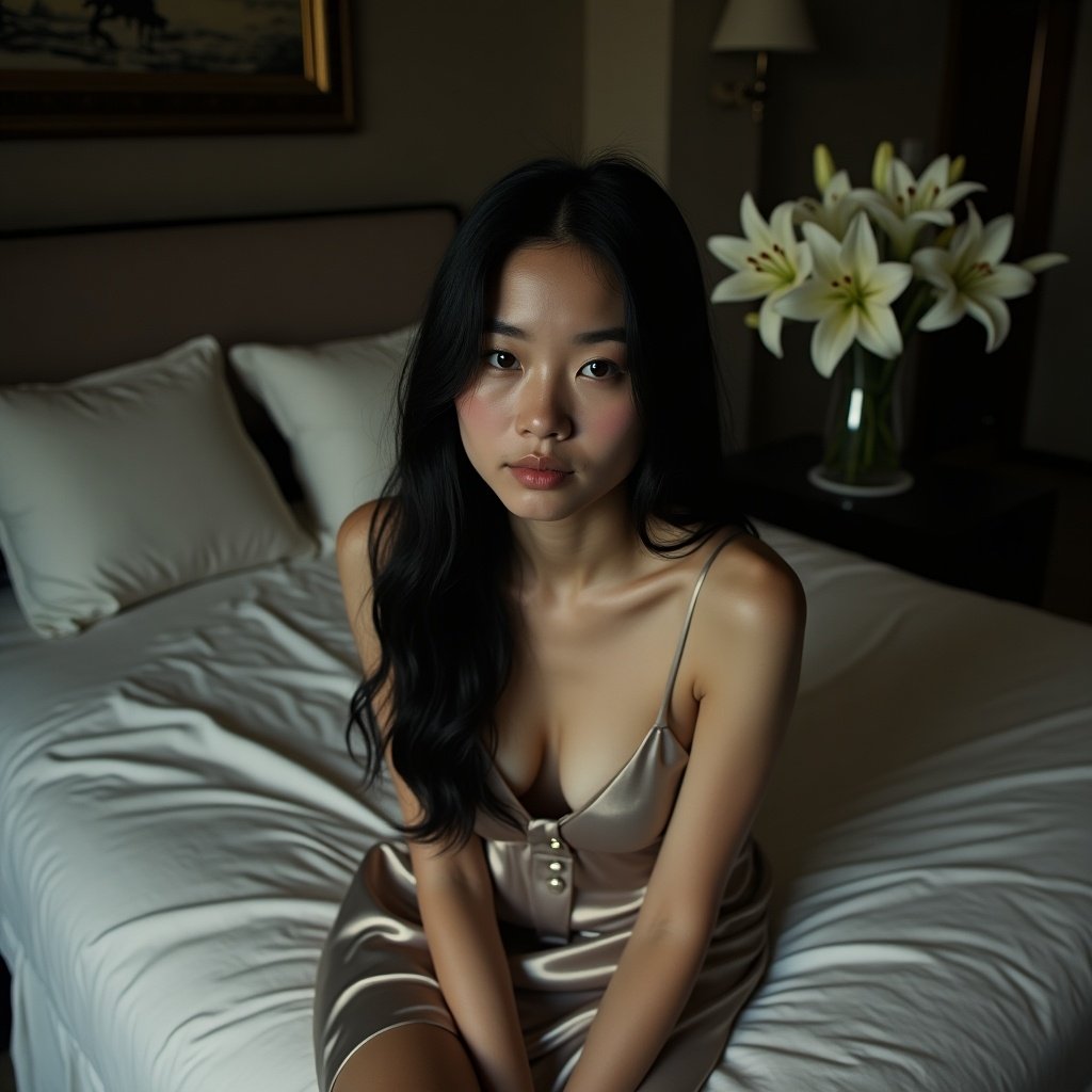 Young woman with delicate features and long black hair sits on a grand bed with silk sheets. She wears an elegant silk dress. A vase with fresh lilies is on the bedside table. The room has shadows creating a mysterious atmosphere.