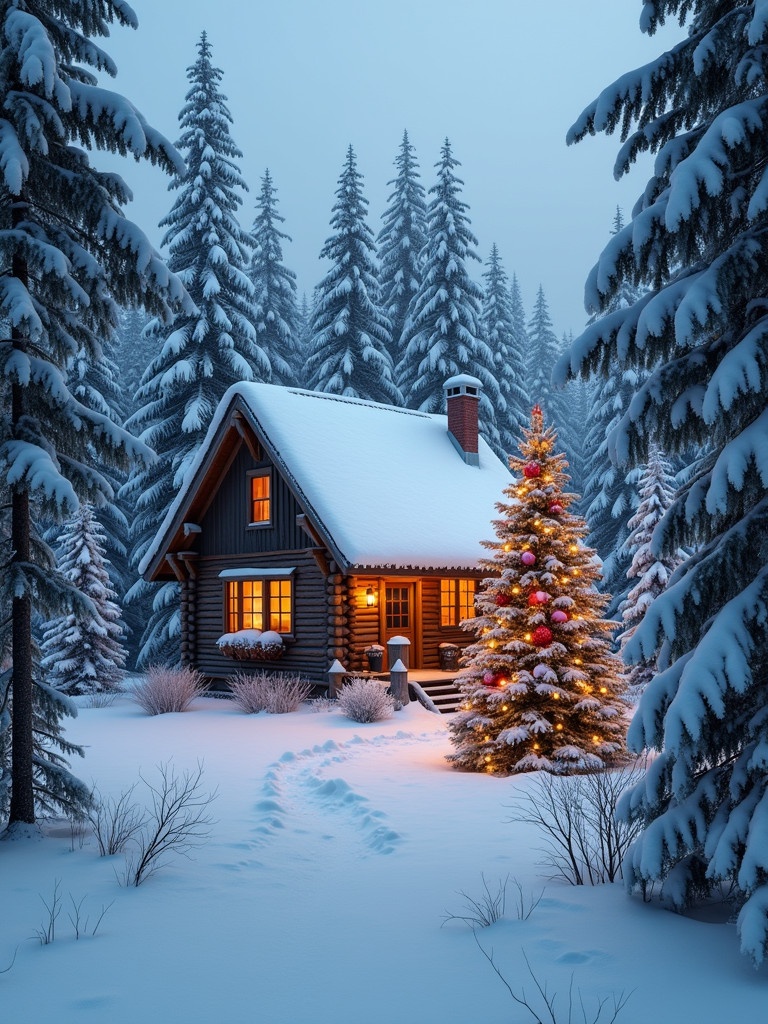 Serene Christmas scene. Cozy cabin surrounded by snow-covered pine trees. Decorated Christmas tree nearby. Soft lighting creates warm ambiance.