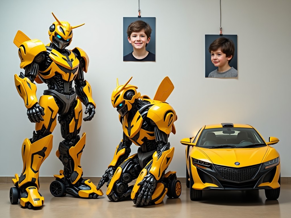 The image shows three distinct parts depicting a young teenage male in a transformation theme. On the left, the boy is dressed in bulky Bumblebee armor, standing tall to showcase its details. In the middle section, the boy is kneeling on all fours, halfway transformed, with elements of armor and car visible. The right section displays the boy fully transformed into a Bumblebee sports car, with a 'Car for Rent' plate. Above each part, there are large face photos of the boy, reflecting his expressions corresponding to his transformation stages.