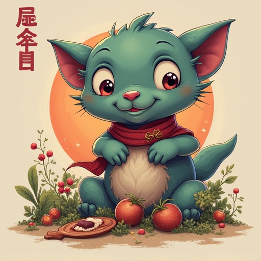 A cute cartoon character with green fur and big ears, sitting in a garden surrounded by fruits and plants. Character has a friendly expression and is wearing a scarf. The background features a warm orange circle.